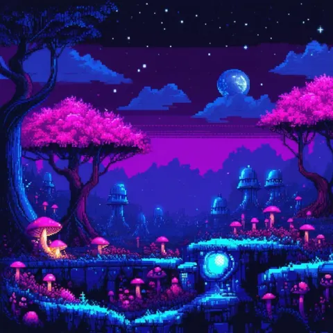 Glowing Mushroom Village Under Magenta Pixel Trees