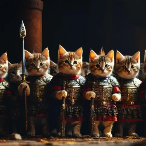 Gladiator Kittens Assemble on a Dark Stage