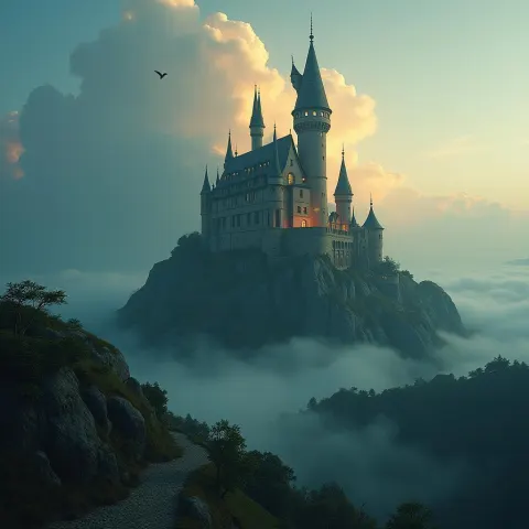 Fantasy Castle Crowning a Swirling Hill