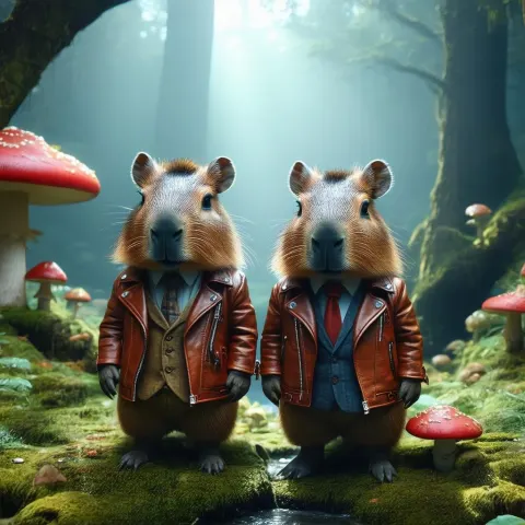 Capybara and Mushroom Wed in Leather Jackets