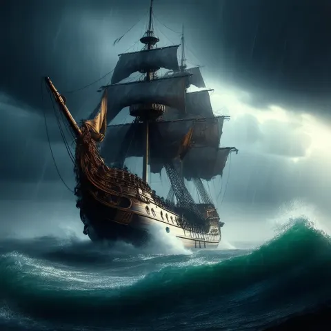 Pirate Ship Braving a Stormy Chiaroscuro Sea