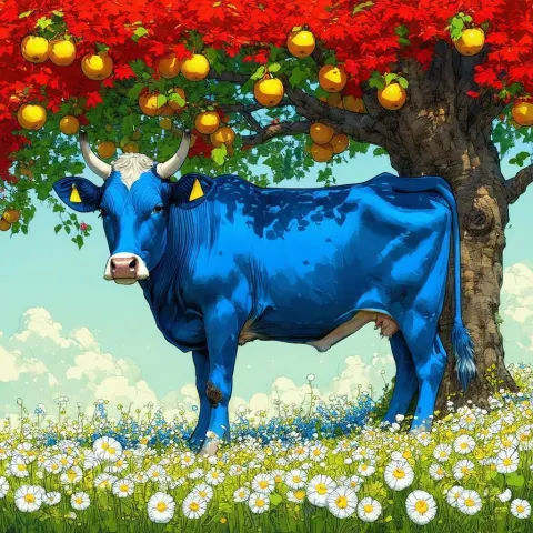 Blue Cow Beneath a Red Leafed Tree
