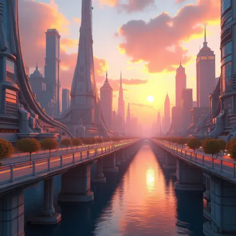Futuristic Sunset City With a Curved Bridge