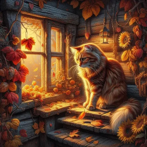 Fantasy Autumn Cat on Windowsill