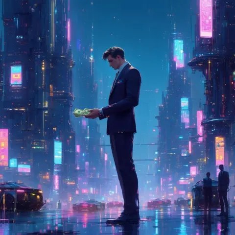 Blonde Businessman Trading Cash in Neon City