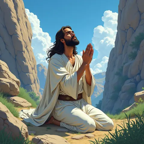 Cel Shaded Jesus Praying in Rocky Lands