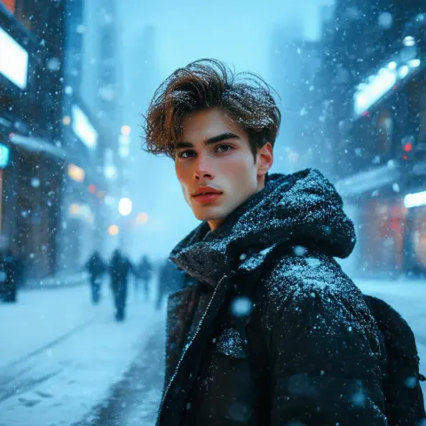 Wavy Haired Youth in Neon Snowstorm City