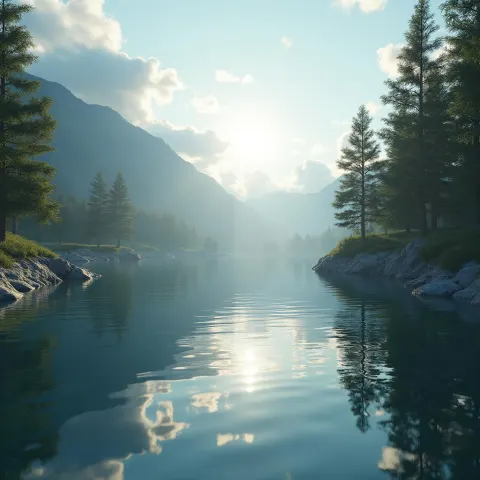 Serene Lakeside Landscape in Dramatic 3D