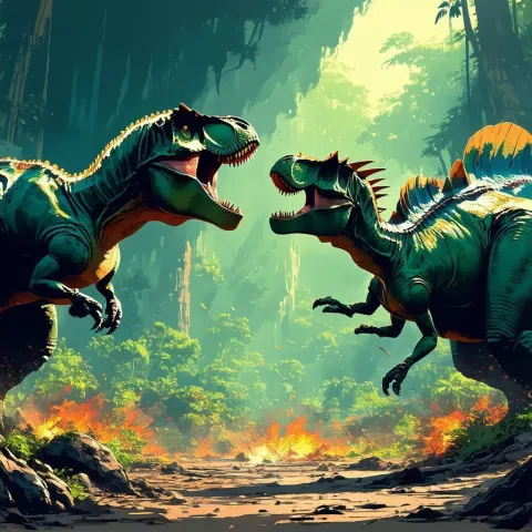 Cartoon Tyrannosaurus Battles a Stegosaurus