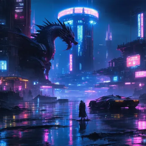Cyberpunk Skyrim With Holographic Neon Dragons