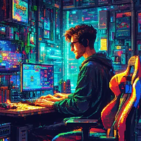 Pixel Entrepreneur Typing in a Gaming Room
