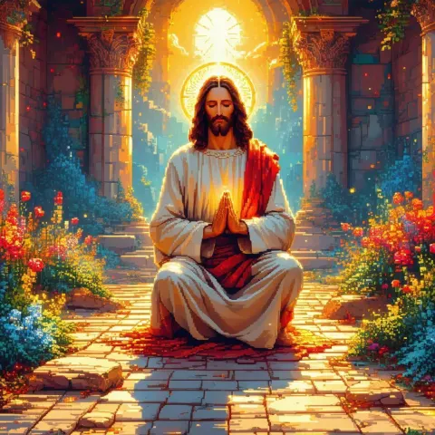 Serene Pixel Scene of Jesus Praying