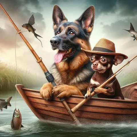 Whimsical Dogs Fishing in a Rowboat