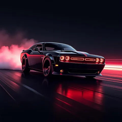 Speeding Dodge Challenger in Neon Cyberpunk