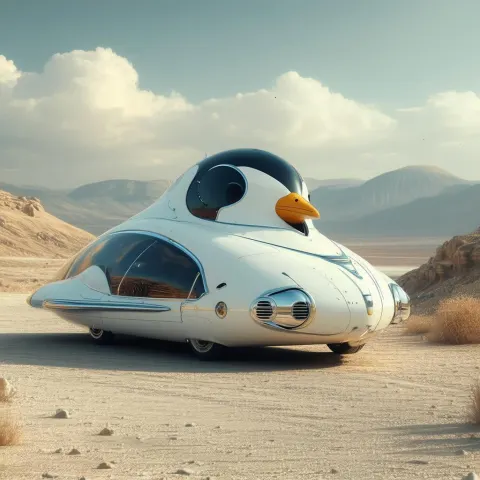 Sleek Penguin Shaped Car in Retro Futurism