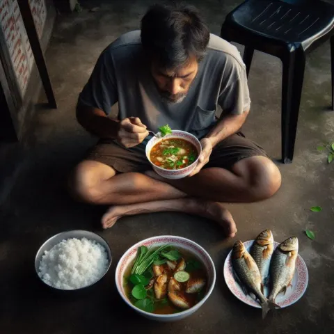 Middle-aged Asian Man Eating Outdoors