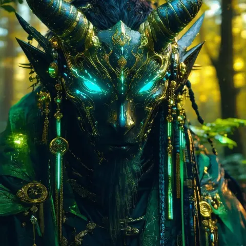 Oni Masked Forest Druid in Cyberpunk Filigree