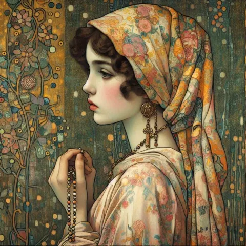 Anime woman in floral scarf side view