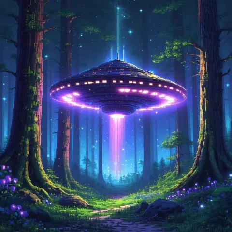 Pixel UFO Glowing in Fantasy Forest Night