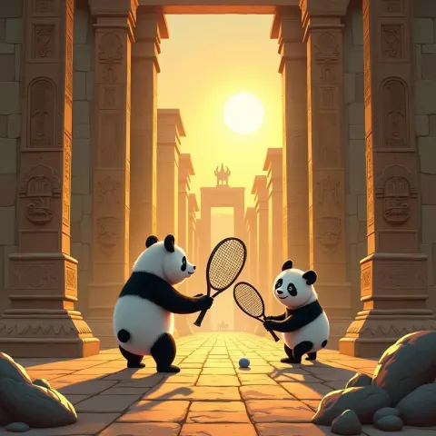 Pandas Play Tennis in an Ancient Temple