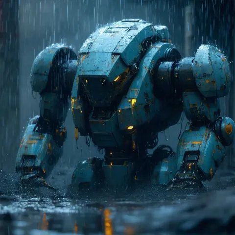 Battle Worn Colossal Robot Resting in Rain