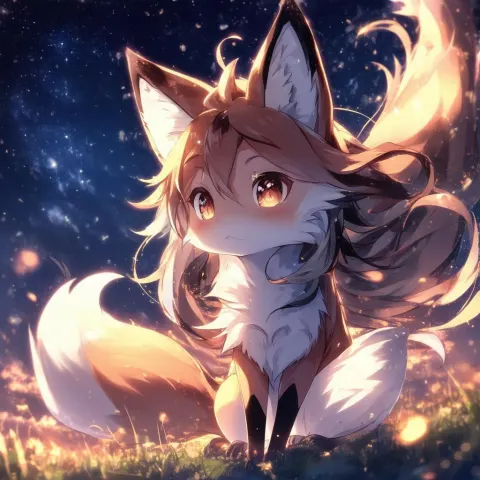 Anime Fox Beneath a Swirling Starlit Sky