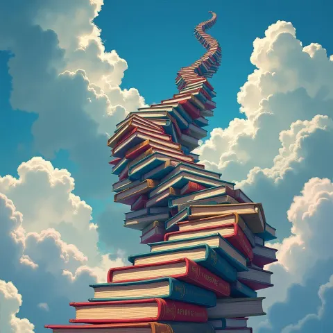 Colossal Book Staircase Ascending Into Clouds