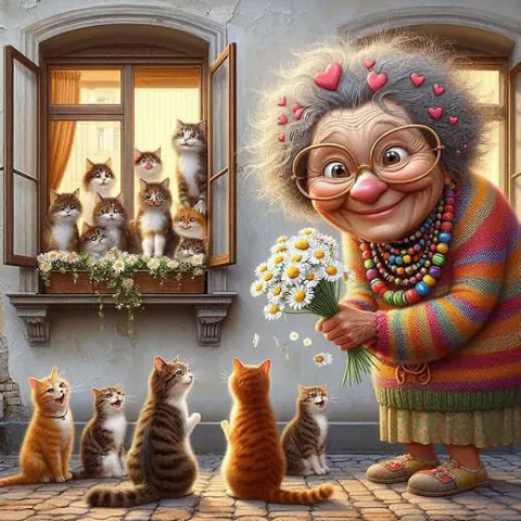 Elderly Lady and Cat Giving Daisies to Strays