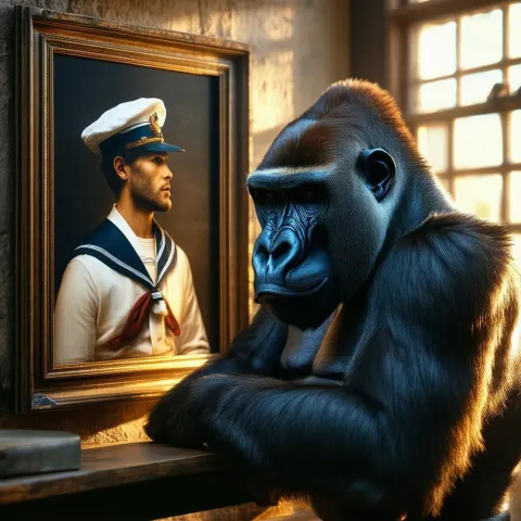 Gorilla Contemplates a Human Sailor's Portrait