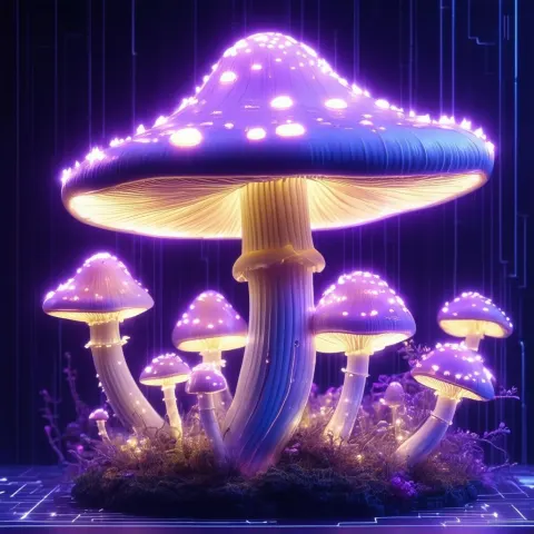 Glowing Neon Mushroom Sculpture in Cyber Dark