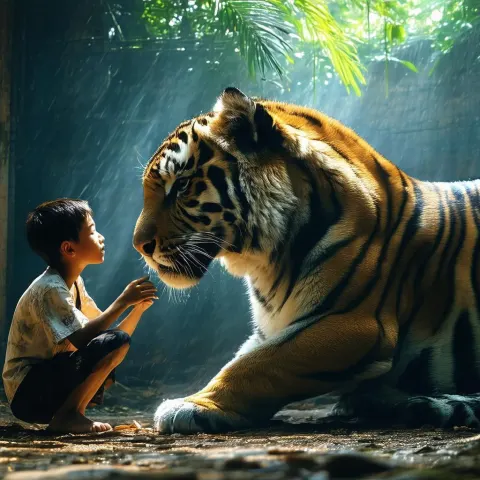 Boy and Tiger at Play in Chiaroscuro