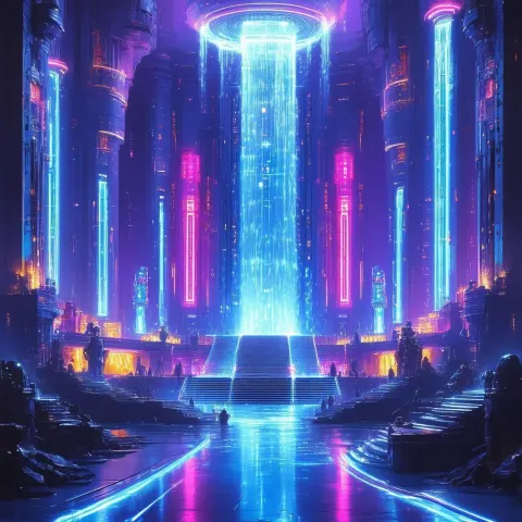 Neon Sci Fi Temple of Cascading Waterfalls