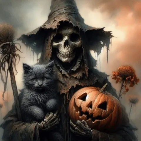 Eerie Scarecrow Holding Black Kitten Illustration