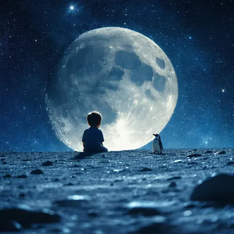 Moonlit Cinemascope of Child and Penguin