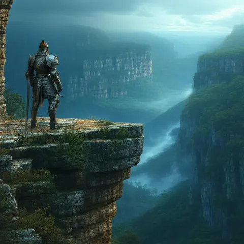 Armored Warrior Overlooking a Mystical Realm