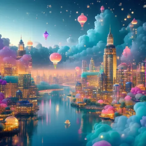 Whimsical Floating Cityscape in Volumetric Glow