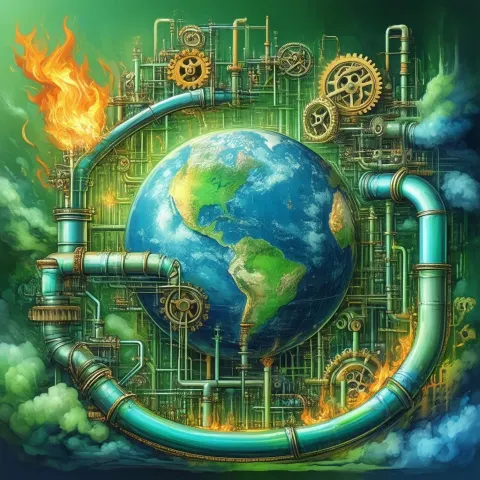 Fantastical Pipeline of Gears Shaping a Globe