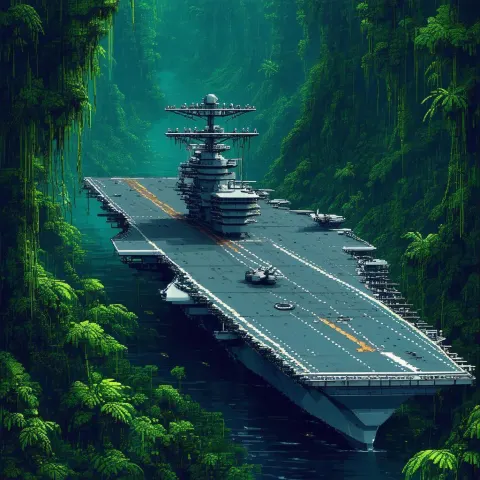 USS Nimitz Stranded in Pixel Jungle