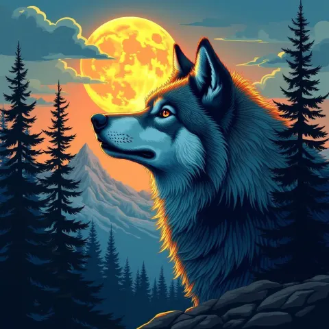 Manga Wolf Head Howling At Glowing Moon