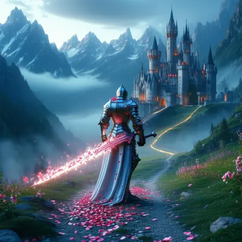 Knight Wielding Rose Petal Sword At Castle