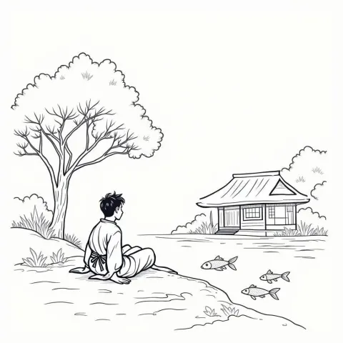 Whiteboard Yukata Man Beside Koi Pond