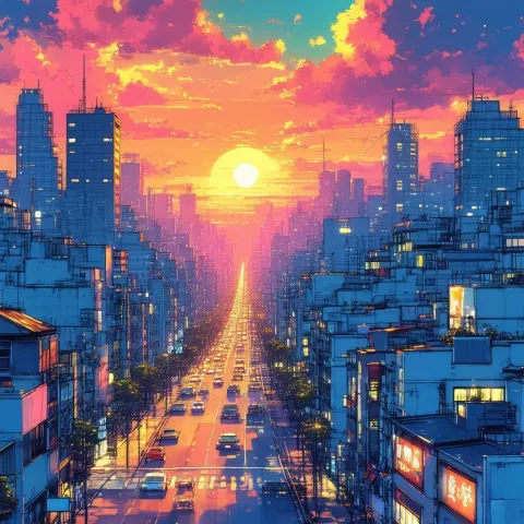 Vibrant Manga Sunset Over Bustling Cityscape