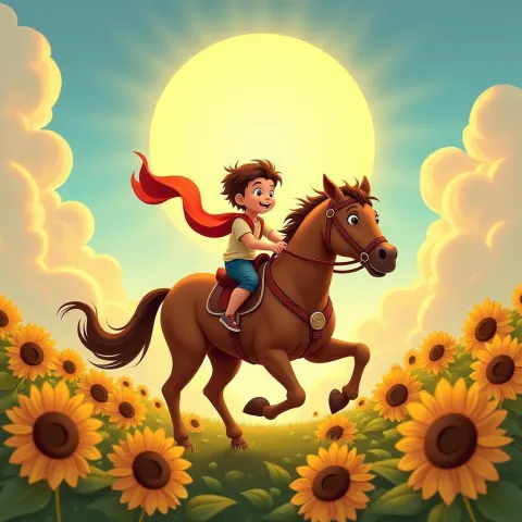 Toddler Riding Horse Through Sunflower Field