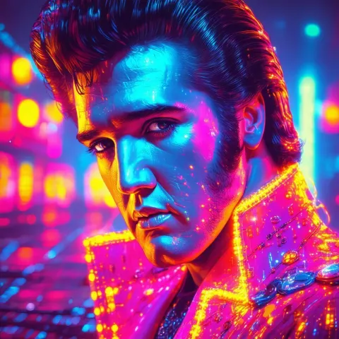 Neon Cybernetic Elvis Presley Cartoon Portrait