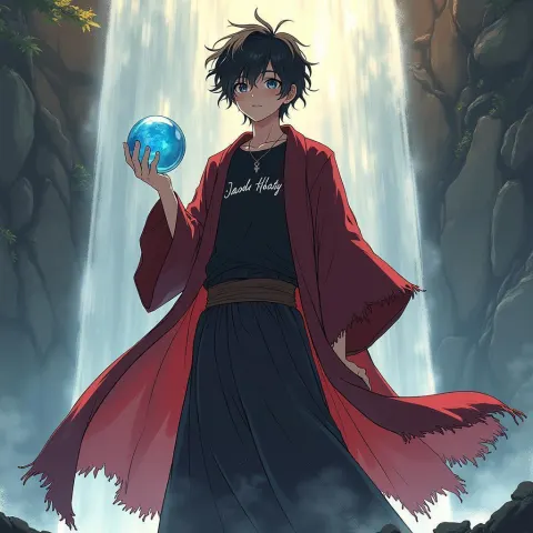Anime Boy Holding Glass Ball Atop Waterfall