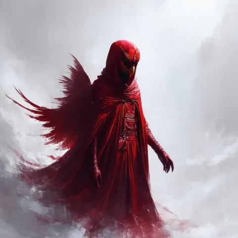 Red Cloaked Figure In Bird Mask
