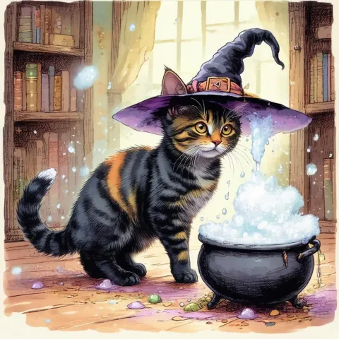 Tricolor Cat Transforming Into Cauldron Witch