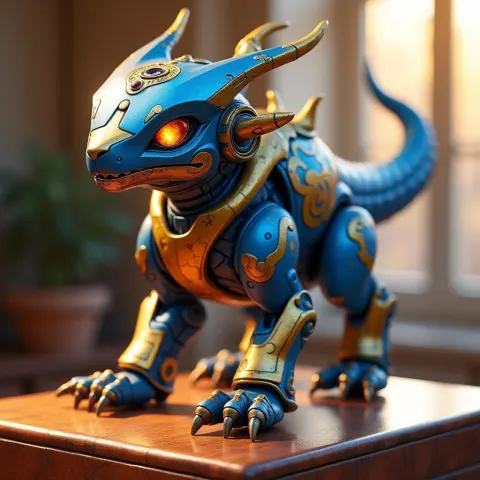 Blue Gold Mechanical Creature With Sapphire Eyes