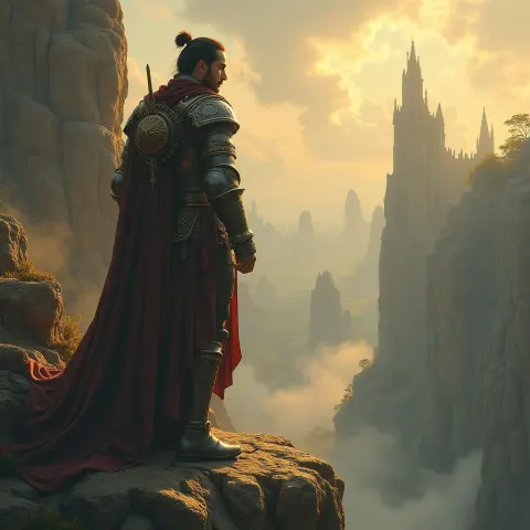 Armored Warrior Overlooking Mystical Golden Realm