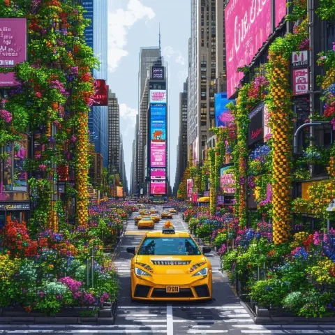 Pixelated Times Square Overgrown With Neon Foliage